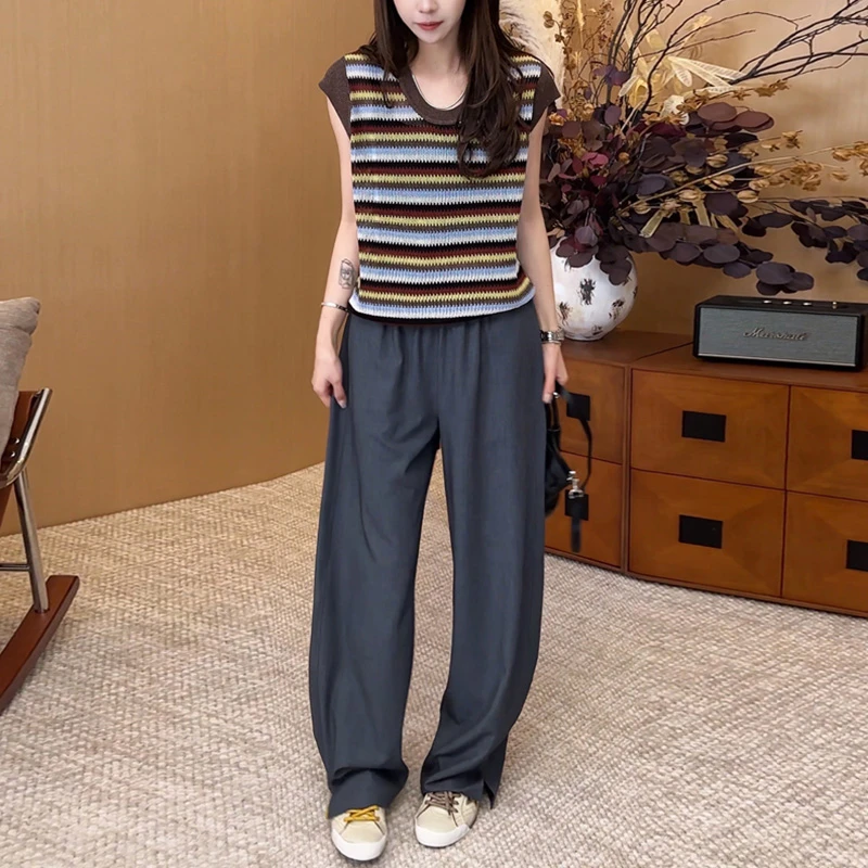 大码女装胖mm日系复古套装女斜边条纹上衣时尚百搭T恤阔腿裤两件