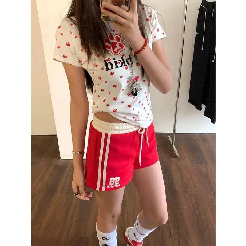 雪千羽美式织带辣妹低腰休闲运动短裤女2025新款夏季a字阔腿热裤