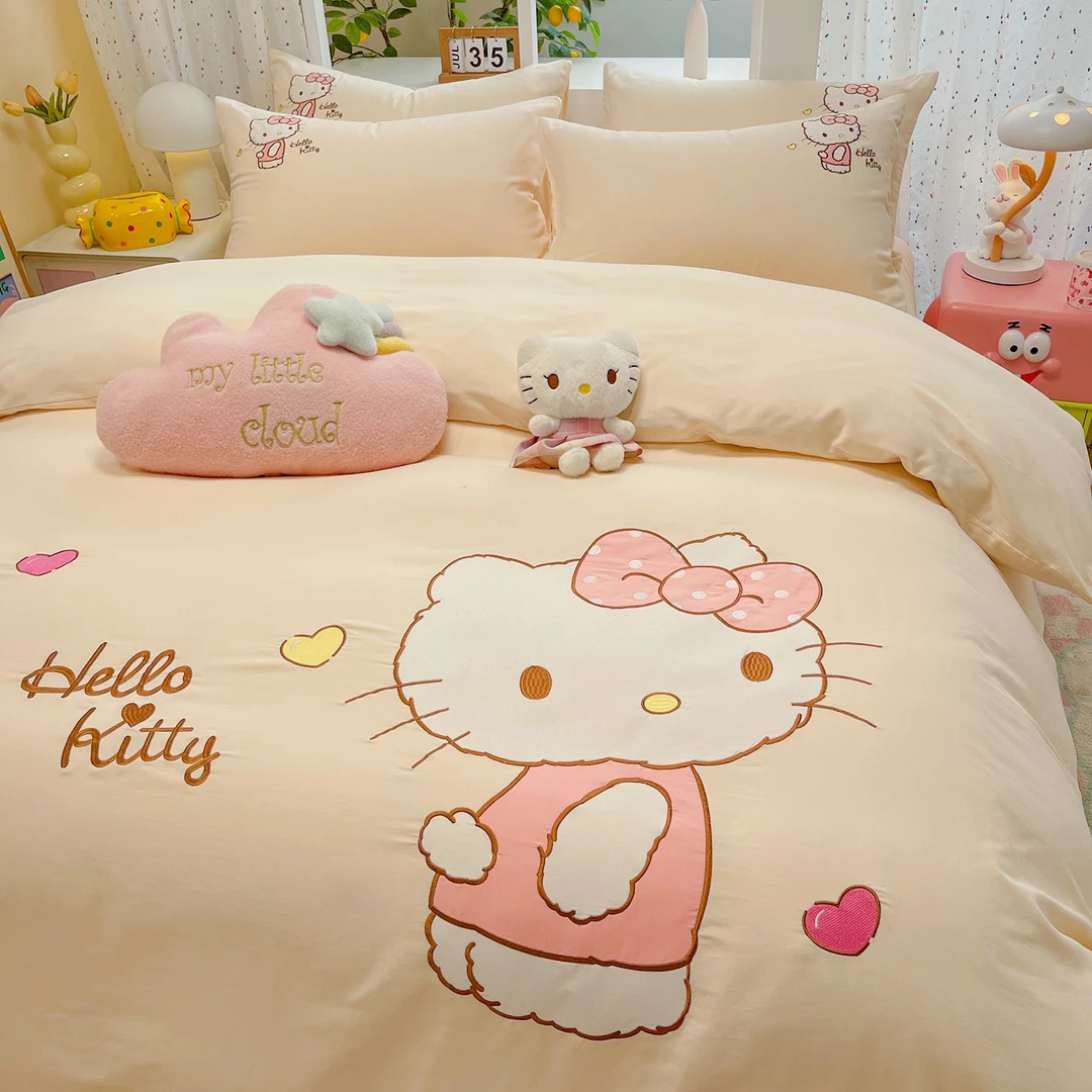 KT猫纯棉床上四件套儿童全棉卡通床品公主风被套床单三件套床笠款