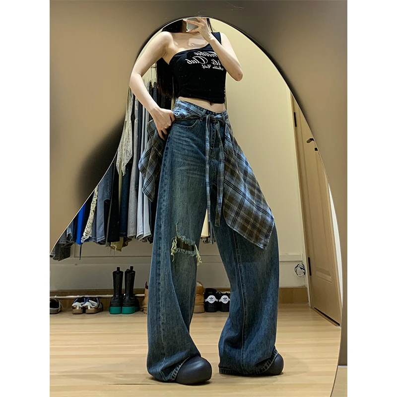 复古格子屁帘阔脚牛仔裤2025女早秋设计感破洞新款高腰显瘦裤子