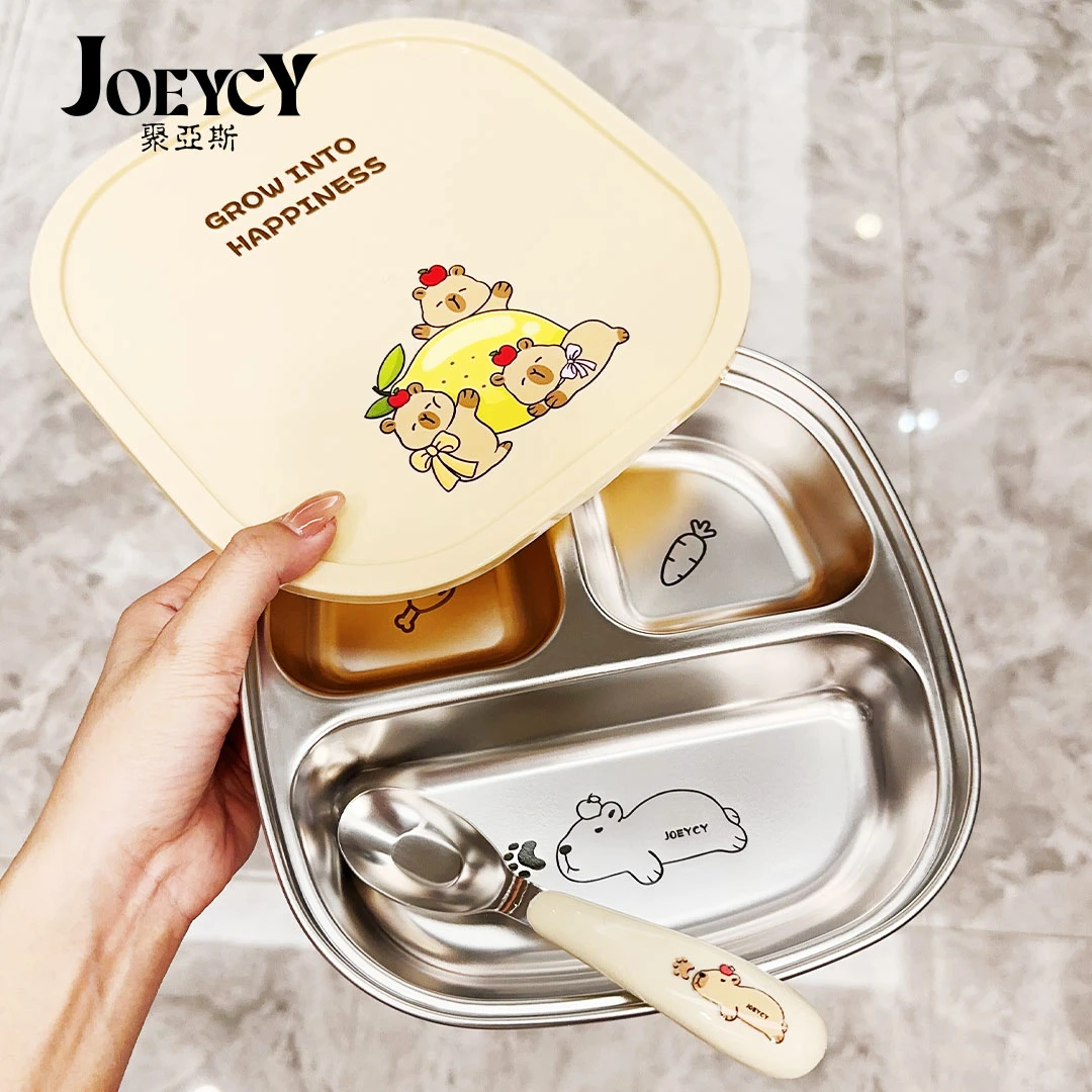 【卡皮巴拉】三格不锈钢分餐盘带勺不锈钢分格餐盘饭盘上学上班带饭