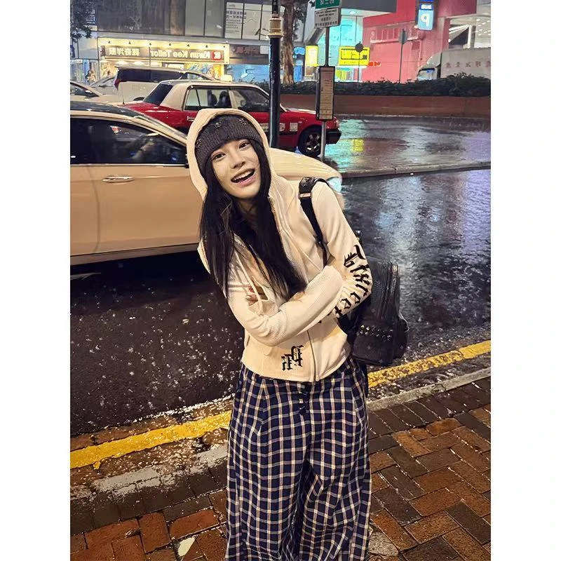 美式哥特风朋克连帽开衫卫衣外套女春秋修身显瘦美式辣妹潮流上衣