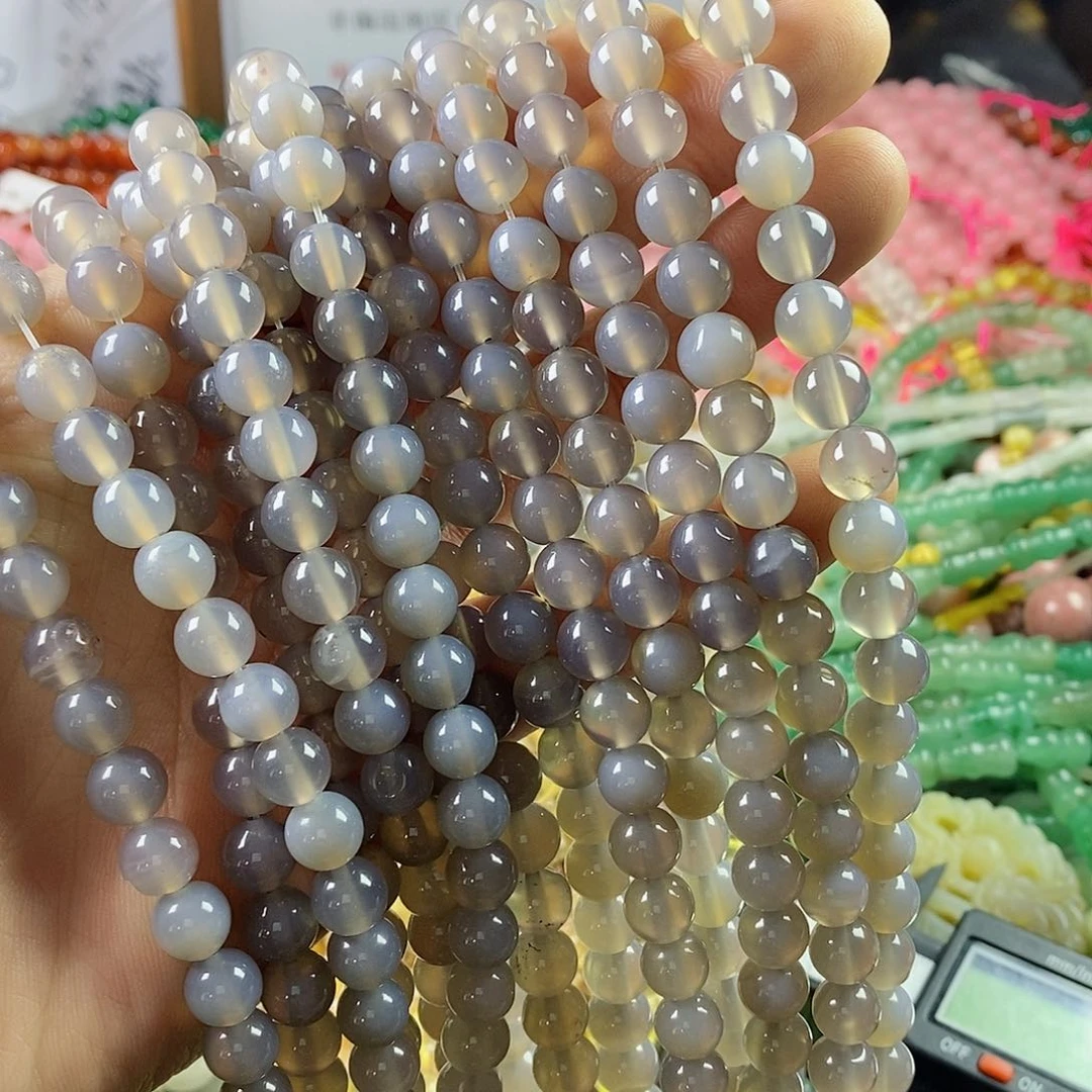 玛瑙/玉髓珠宝半成品合金一条天然8mm微瑕灰玛瑙圆珠