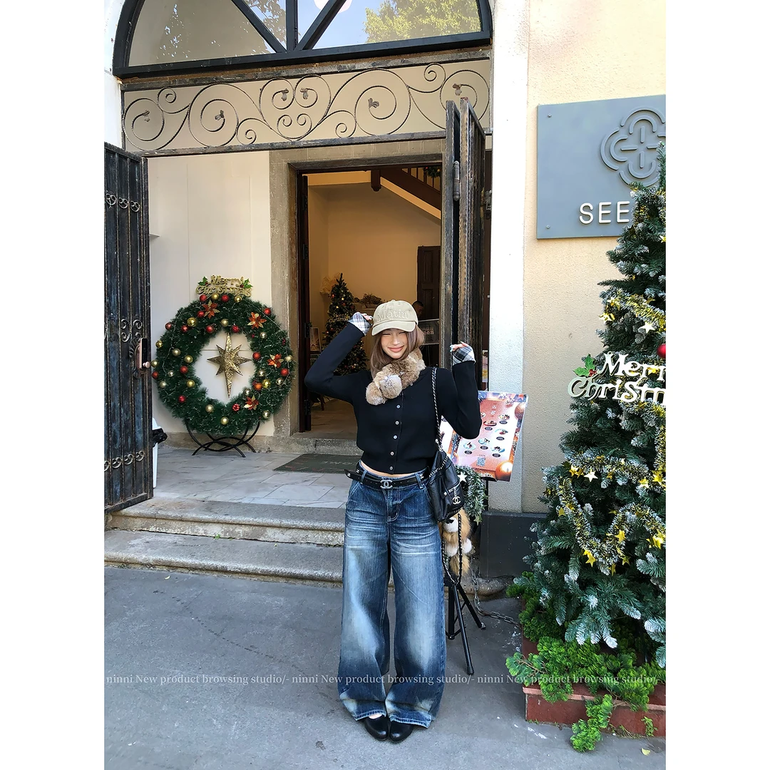 Ninni ~上新 水洗做旧宽松牛仔裤女早秋低腰阔腿裤子01213