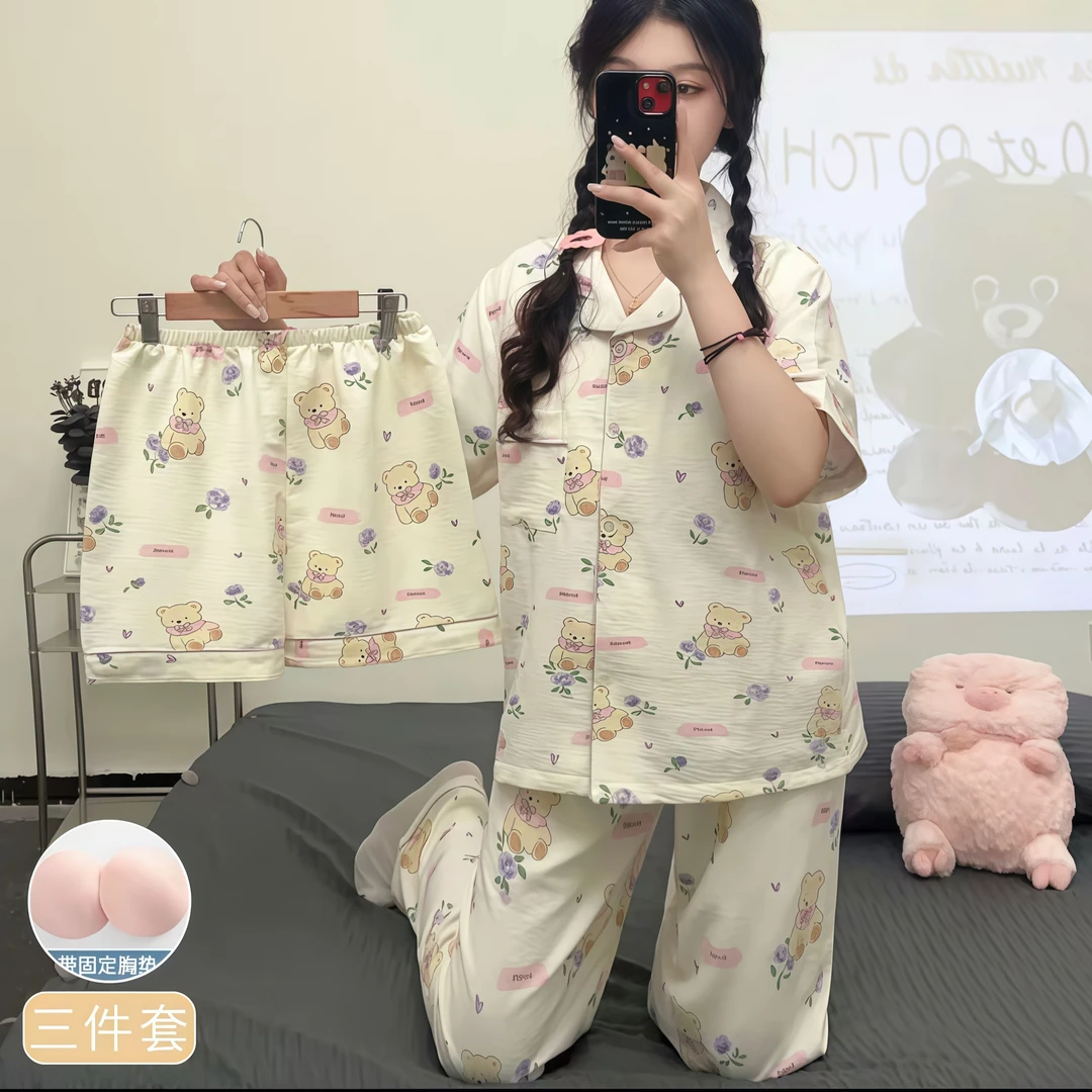 短袖常规款卡通印花家居服甜美套装夏天夏季套装大码女睡衣三件套