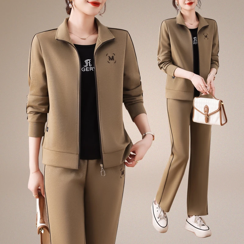 高档中年妈妈秋季显瘦卫衣中老年女春秋新款时尚运动套装三件套装