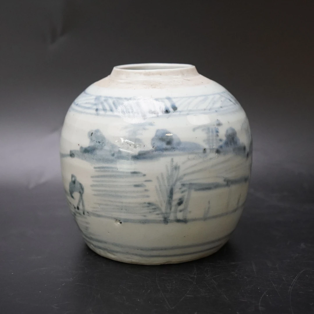 Lot.25081951清道光青花山水人物罐 高:约15cm