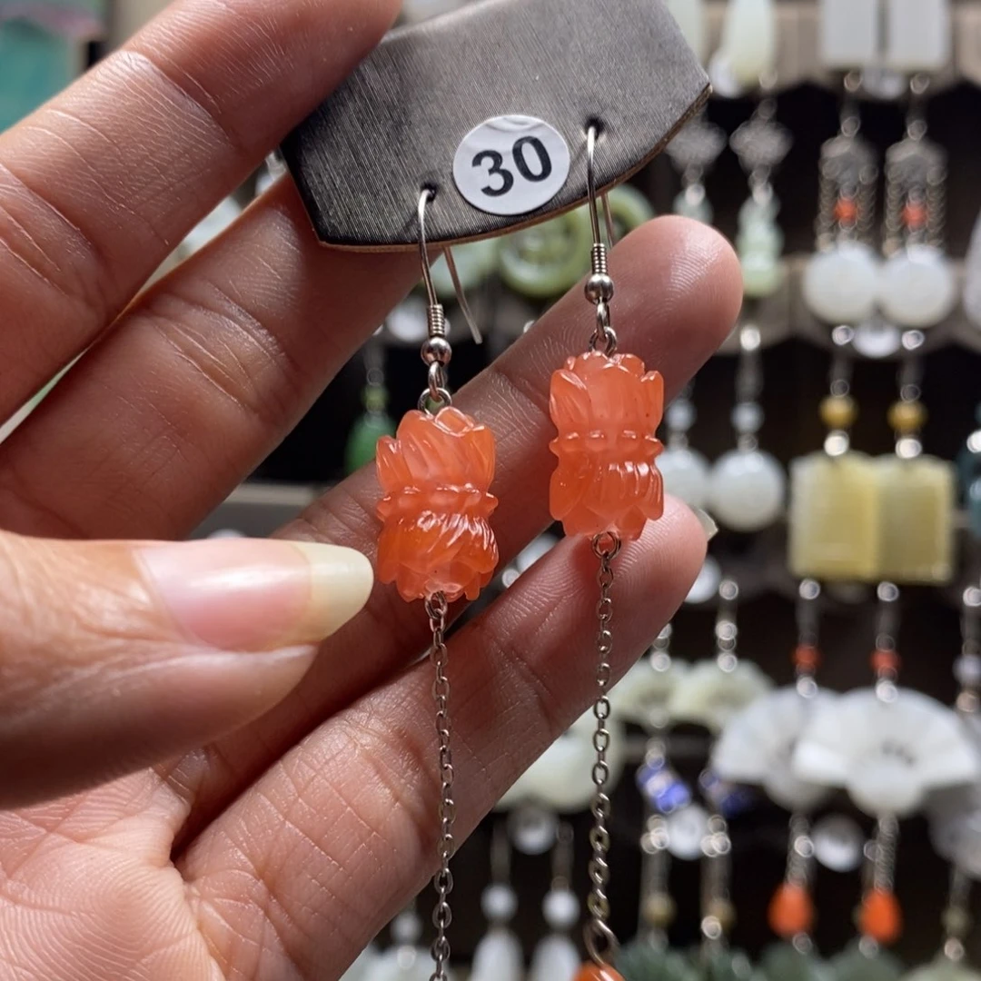 南红玛瑙耳饰银S925镶嵌金***庄