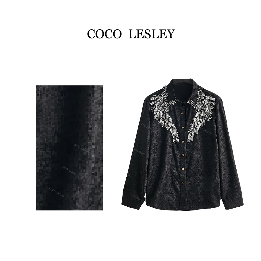 Lena重工POLO领口镶钻钉珠图案设计纯色上衣CS645