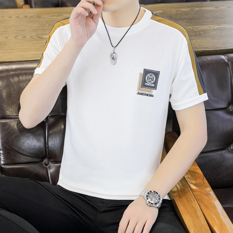 深度男士新款刺绣百搭短袖T恤拼接简约圆领透气夏季时尚t恤836