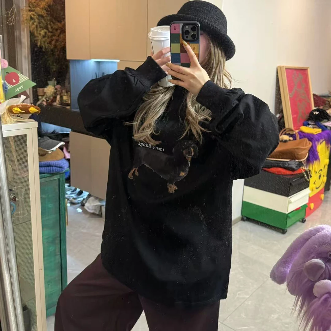 腊肠狗印花流浪风T恤