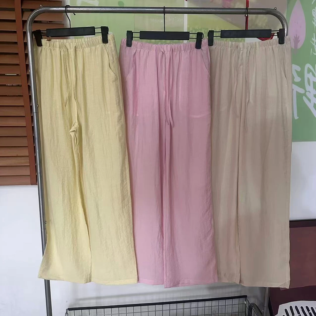 5961舒适透气纯色亚麻抽绳休闲裤