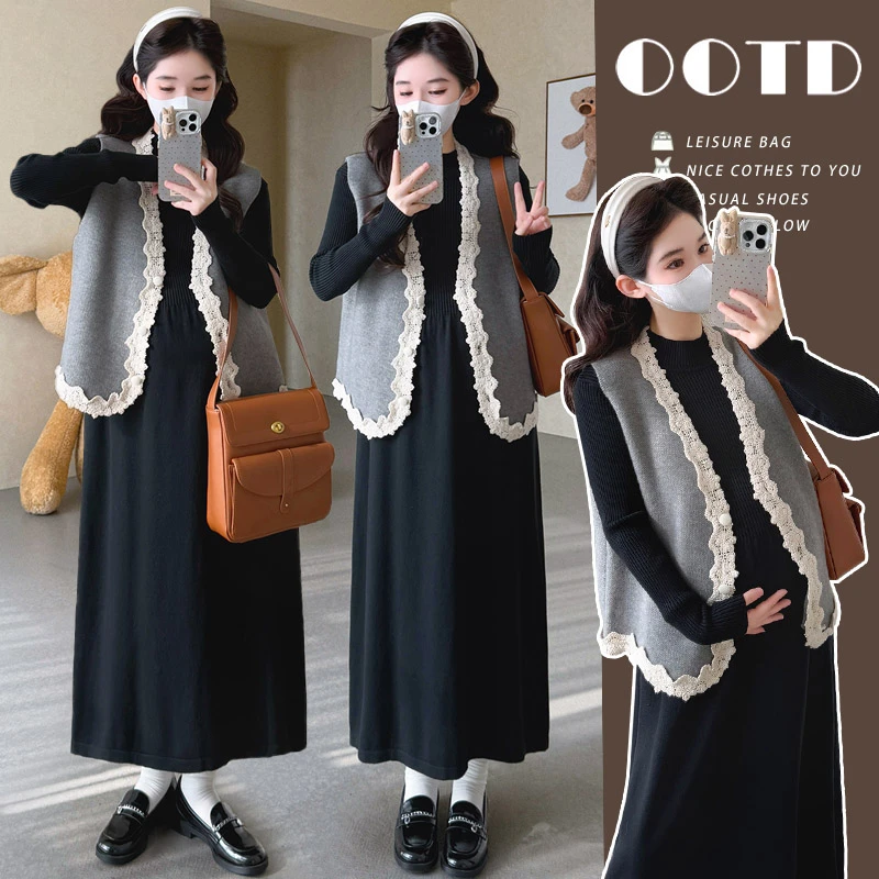 时髦孕妇装新款秋冬针织连衣裙小香风时尚马甲春秋显瘦洋气两件套