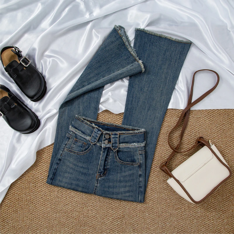 2025年新款春秋季高腰显瘦修身百搭毛边小个子裤子女微喇叭九分裤