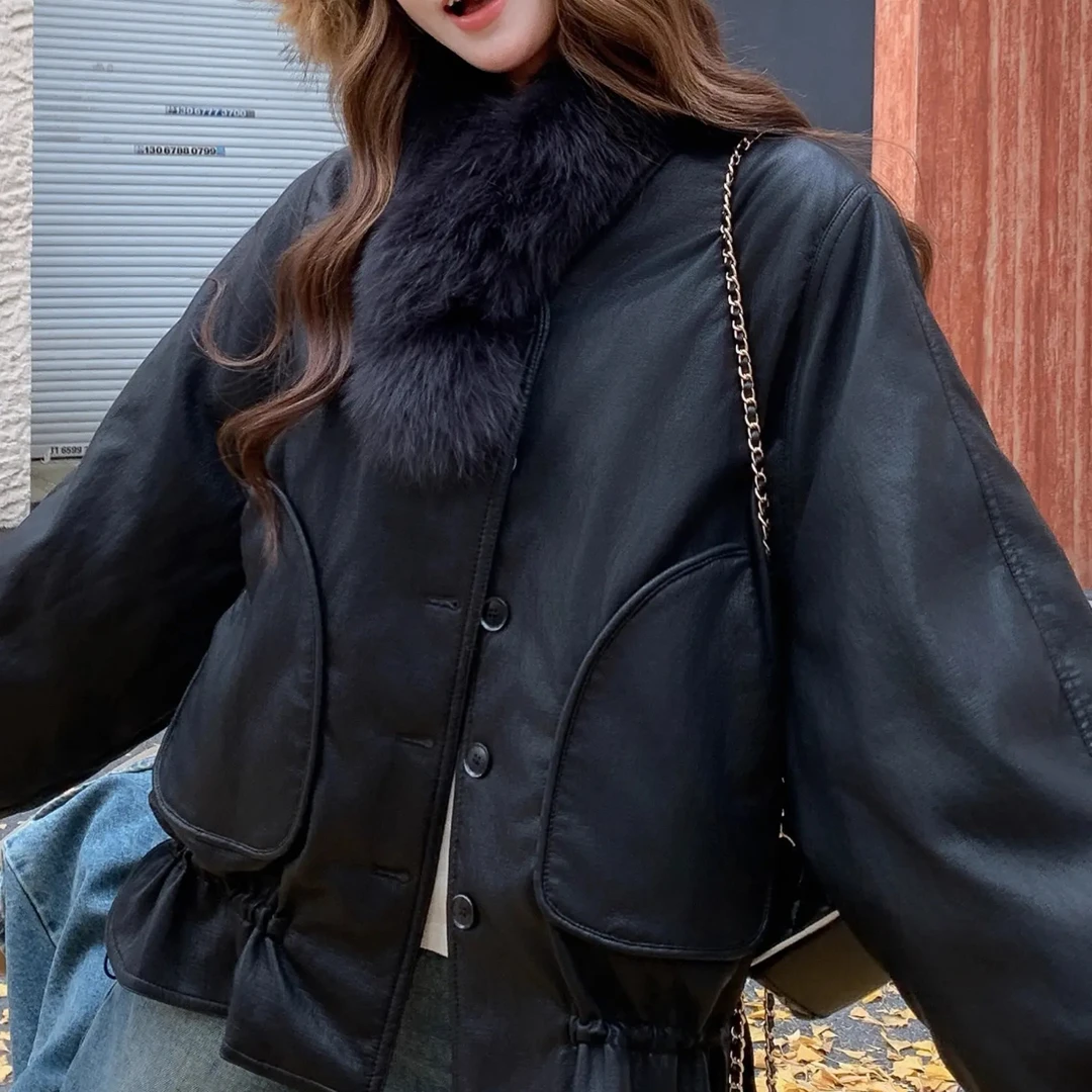 【甲木穿搭】大毛领黑色白鸭绒皮衣羽绒服/M七