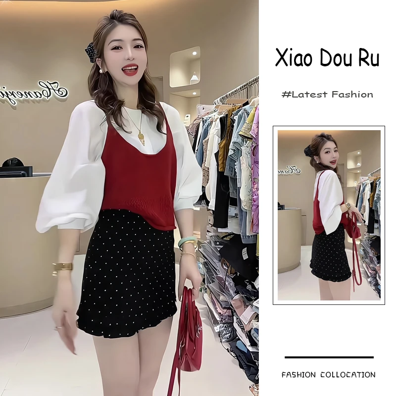 秋季流行穿搭一整套新款2025韩系减龄叠穿衬衫吊带波点短裙三件套