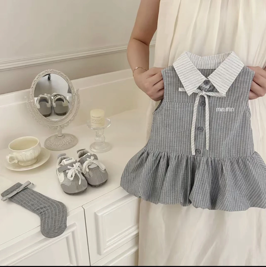 假两件学院风条纹格子女女童短裙摆时尚连衣裙夏季儿童洋气小童