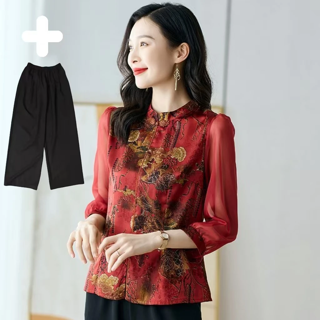 9868-中年夏装七分袖小衫时尚新款旗袍领上衣年轻套装【B19-2-5】
