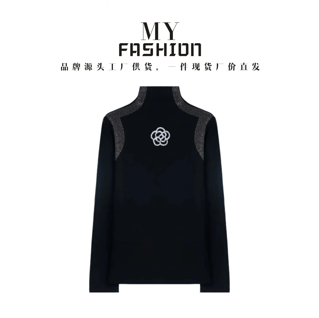 JX1现货【幸运花】半高领秋冬气质黑色长袖宽松显瘦轻奢烫钻打底衫
