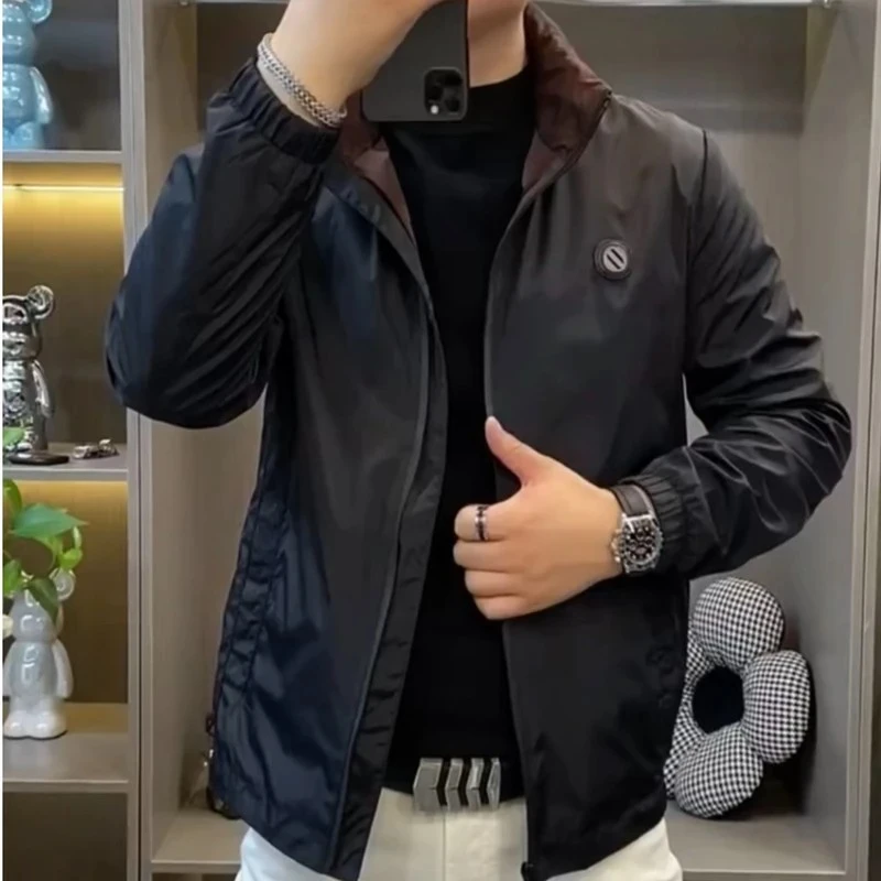 2025新款男士时尚外套隐藏式连帽外套初秋美式修身男士立领外套