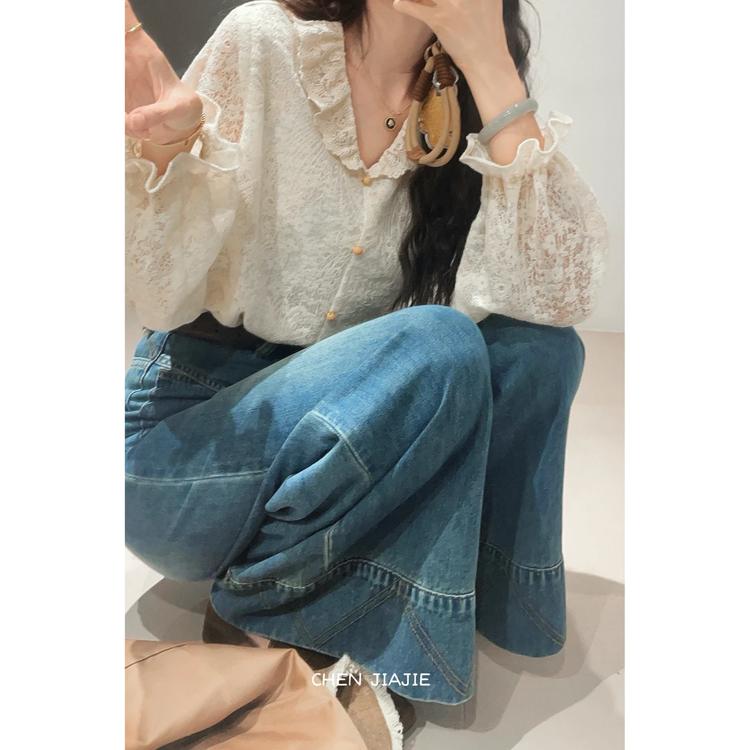 陈大器【清酒微甜】港风复古蕾丝提花长袖百搭宽松衬衫JE0708225