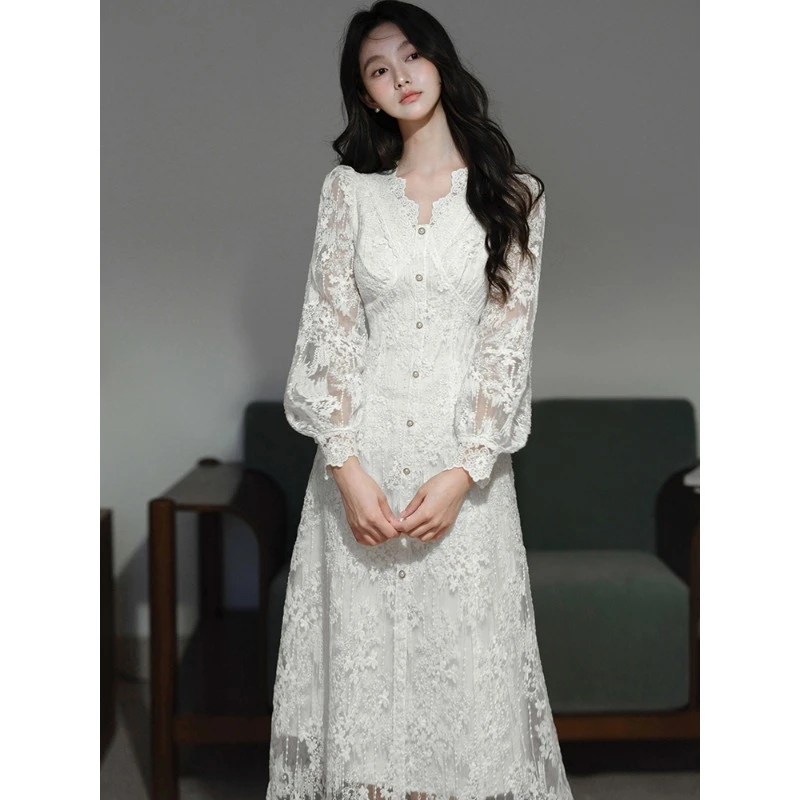 特别漂亮掐腰小裙子韩系独特超好看V领收腰连衣裙25秋季气质长裙