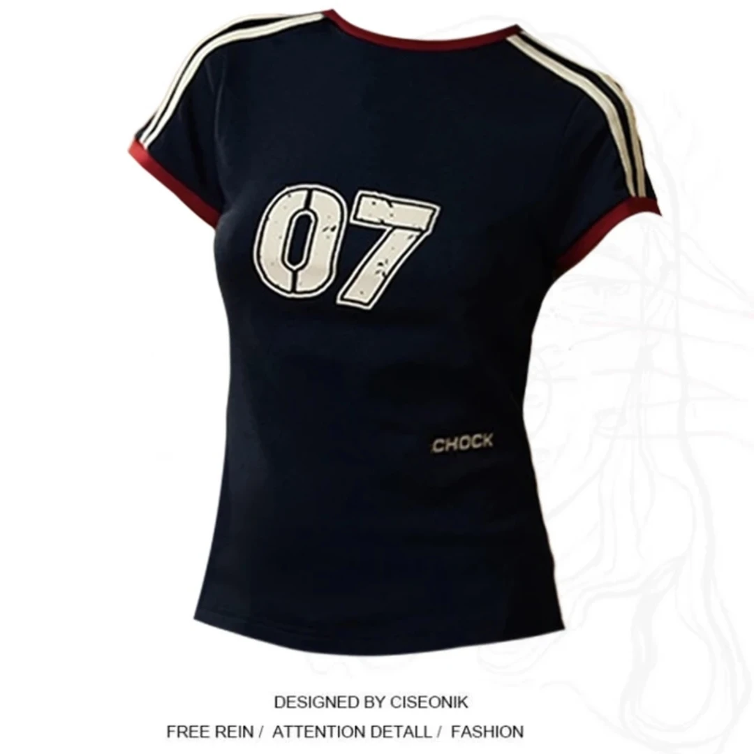 微胖mm显瘦美式复古辣妹撞色百搭短袖T恤女夏季修身正肩上衣8163