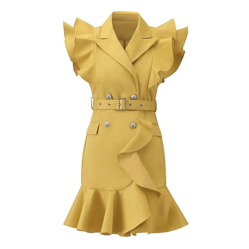 【诗语专属】AUI法式温柔风气质荷叶边连衣裙-21X017950