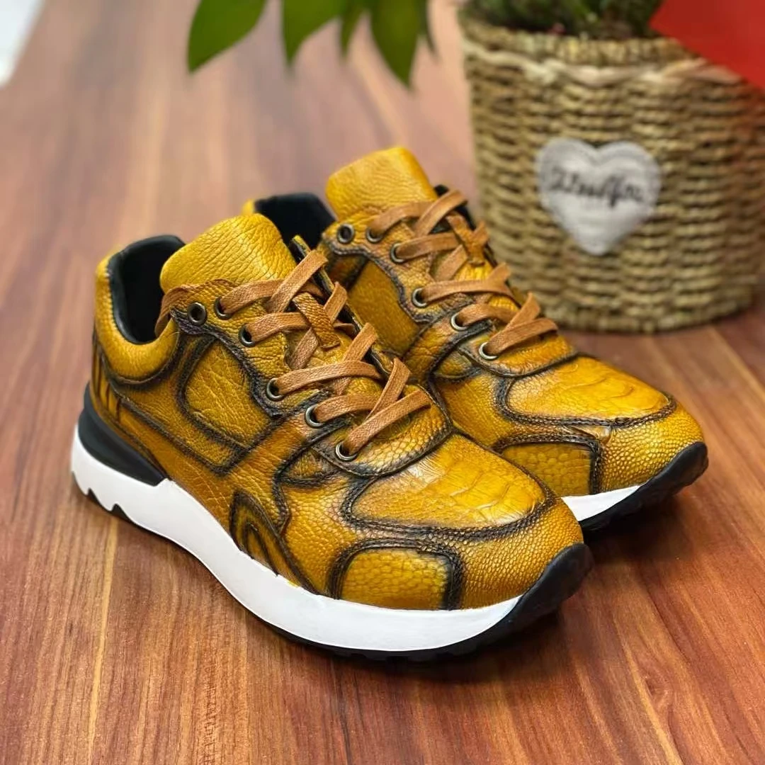 擦色鸵鸟爪休闲户外时尚男款运动鞋鸵鸟皮男鞋百搭春季秋冬