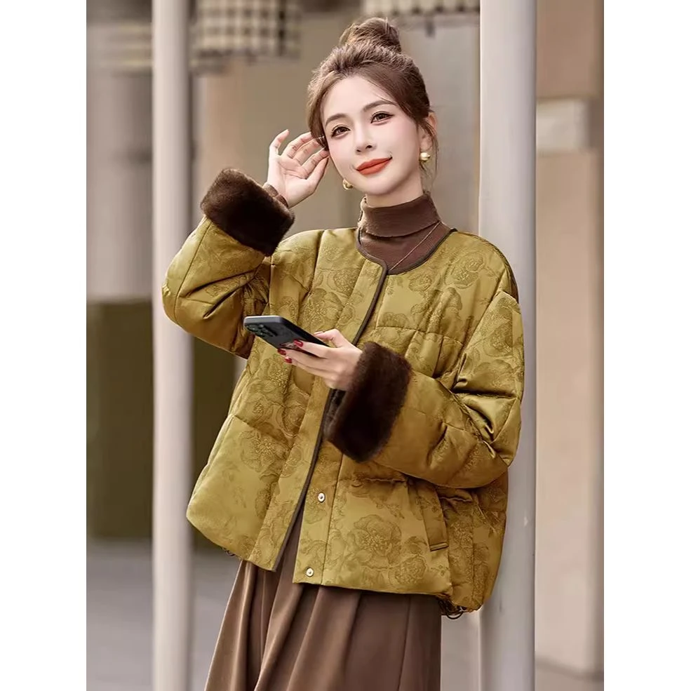 高端洋气皮草羽绒服女2025冬季新款新中式国风提花唐装外套