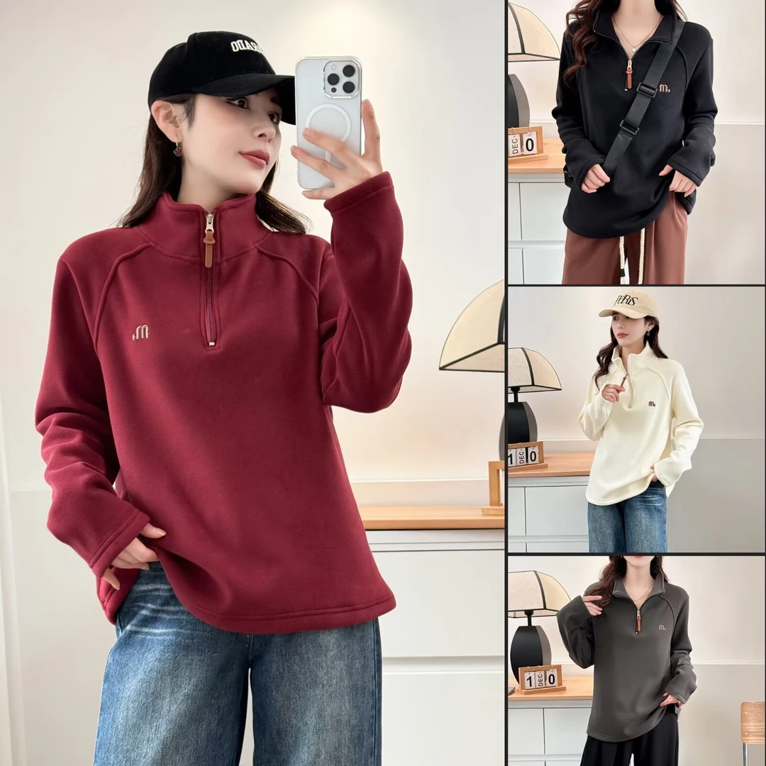 大码秋冬加绒加厚半高领拉链显瘦刺绣打底卫衣844