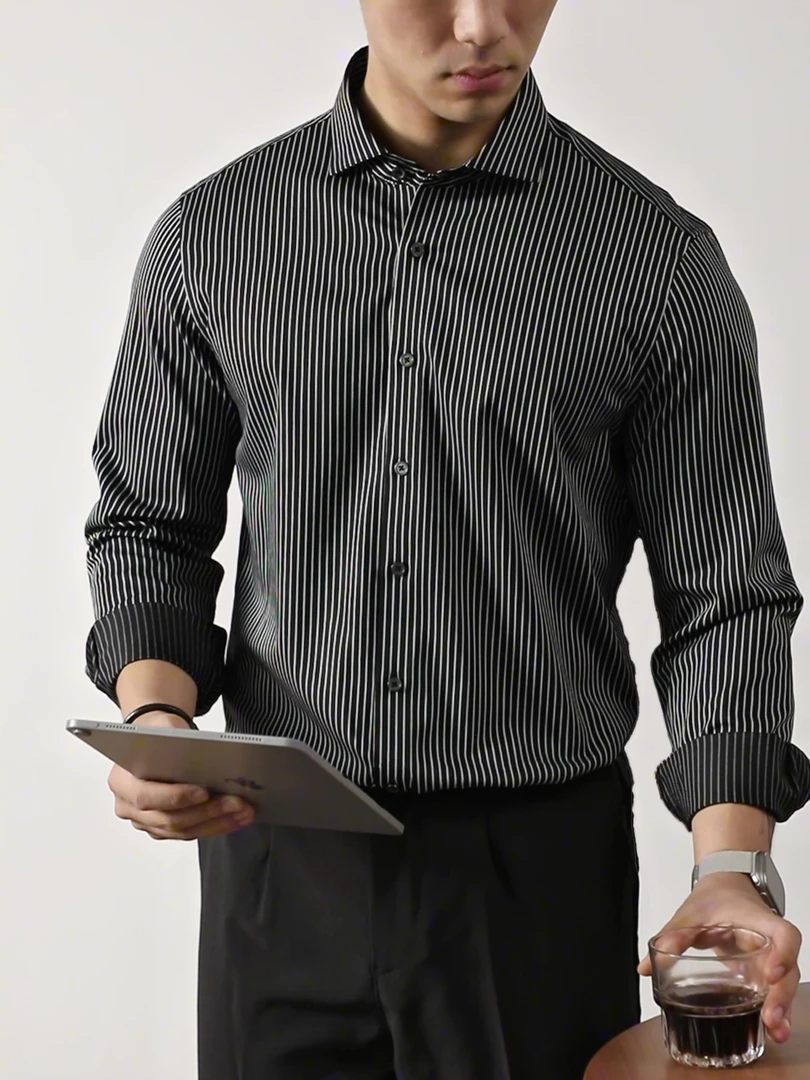 60支兰精免烫长袖细条纹衬衫男士高级感温莎领商务休闲免烫