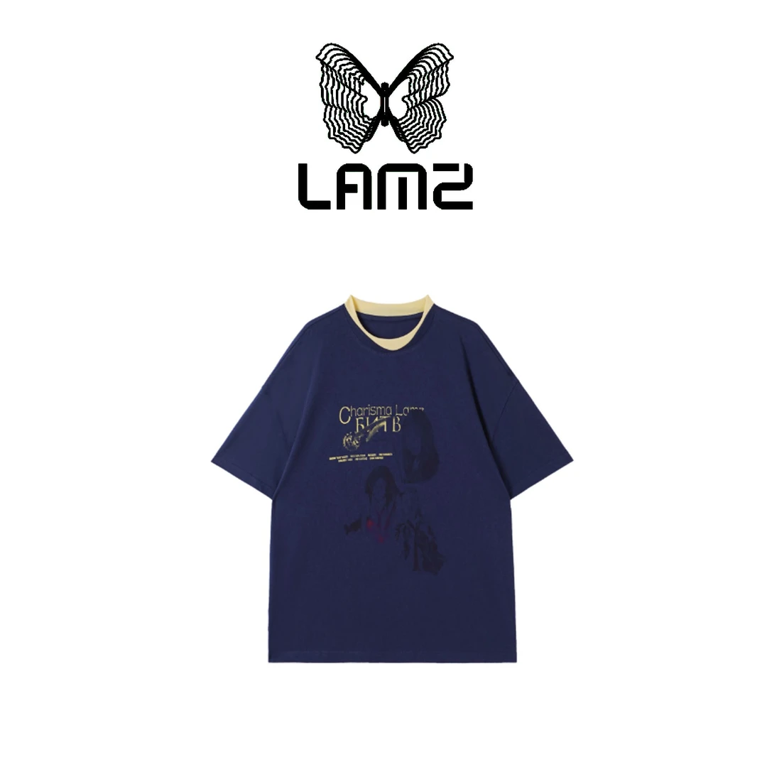 lamz 秋季蓝色轻奢常规款百搭圆领印花宽松T恤 52DX1041