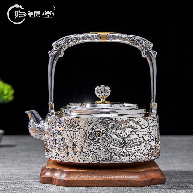 归银堂足银古文荷叶提梁壶银壶纯手工烧水壶大容量GS-YSSH230602
