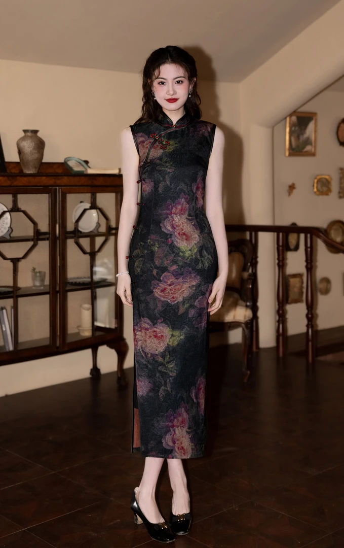 双层无袖牡丹中式走秀印花长旗袍时尚长裙提花复古旗袍修身优雅