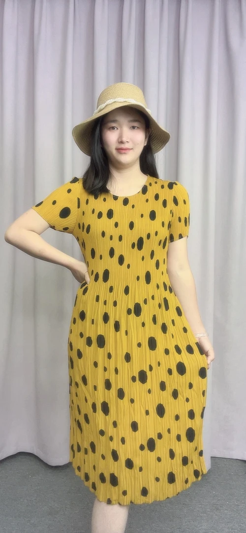 【154】  三宅褶皱连衣裙大码女装宽松显瘦夏季复古中长款印花