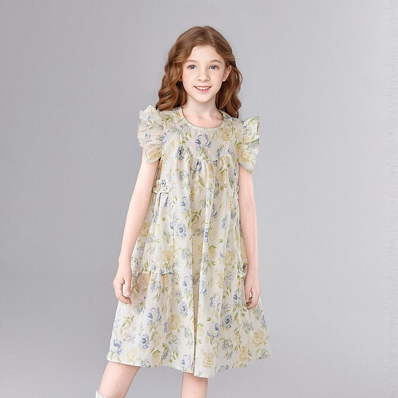 笛莎公主女童裙子夏装25年新款木耳边洋气飞袖棉布连衣裙女童夏季