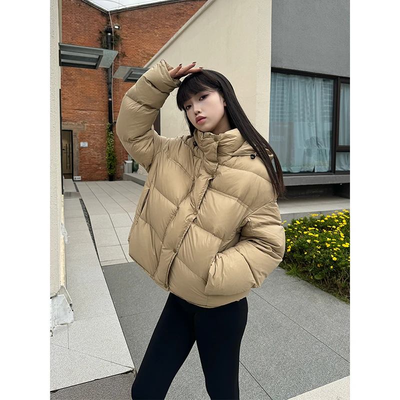 卡其色羽绒服女短款2025年冬季新款龟背小个子加厚保暖白鸭绒外套