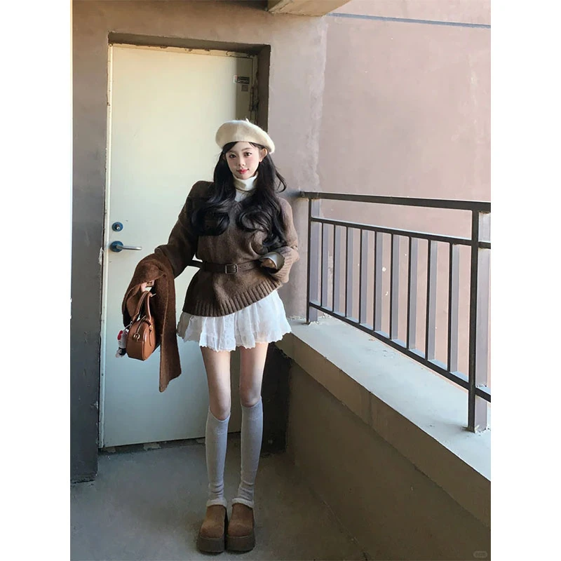 简约复古高级感慵懒风软糯宽松长袖针织上衣显瘦高腰百搭休闲短裙