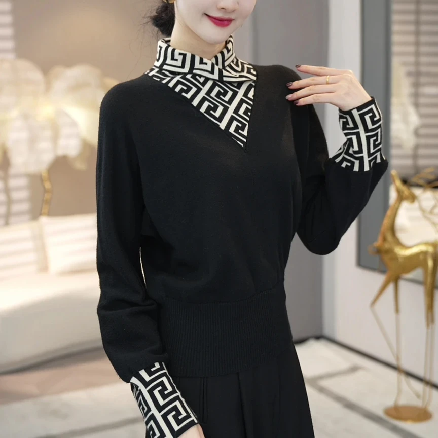 保暖半高领打底衫女时尚格纹拼接长袖2024冬季新款气质显瘦上衣女