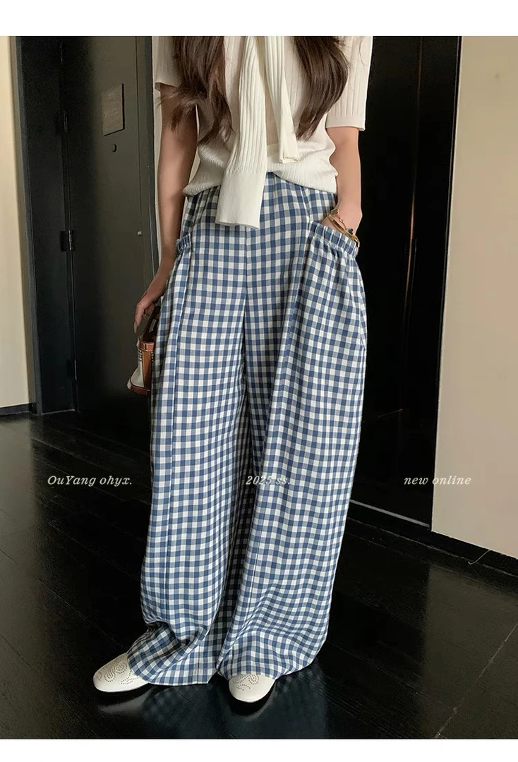 欧阳 格子休闲裤女夏季薄款慵懒宽松阔腿裤拖地长裤直筒裤子