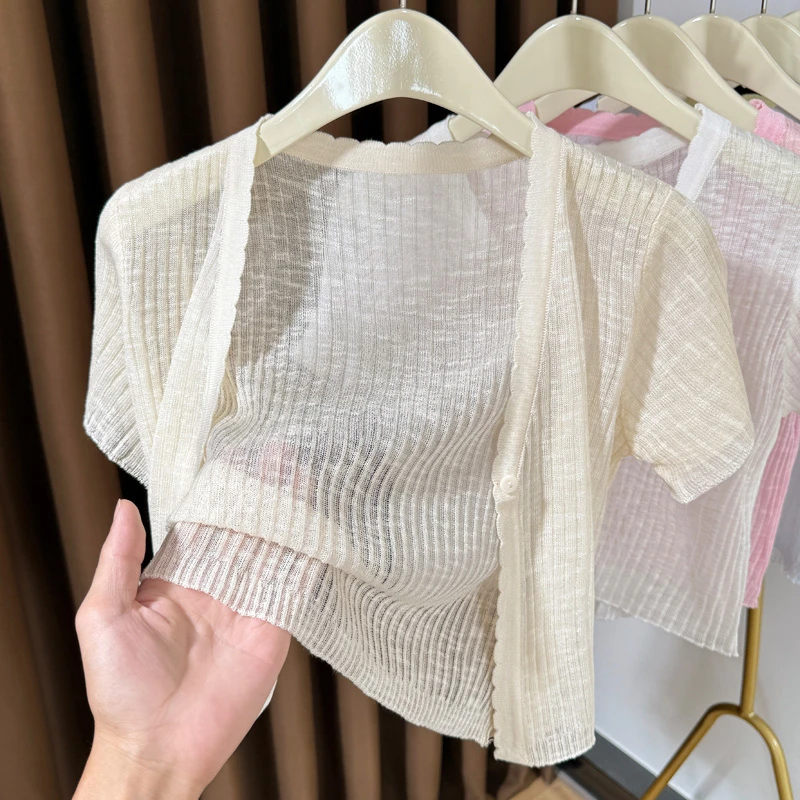 冰丝针织衫女短袖开衫夏季新款超薄吊带裙外搭短款小开衫薄小外搭