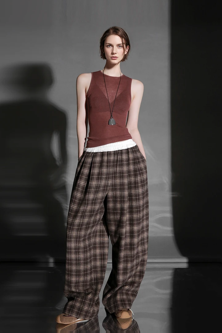 MEILI-复古格纹高腰线羊毛阔腿裤慵懒风垂感显腿长直筒裤PI25K168