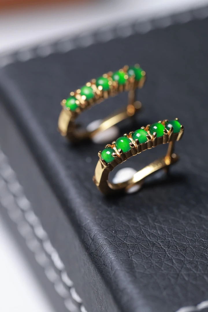 天然A货翡翠蛋面耳钉经典百搭时尚小颗粒多颗精致耳扣 金色