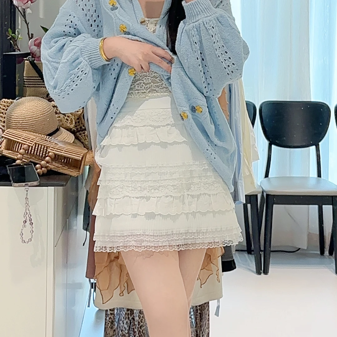 李潇洒【甜心Bunny】微胖大码白色芭蕾风拼贴蕾丝秋Vintage蛋糕短裙