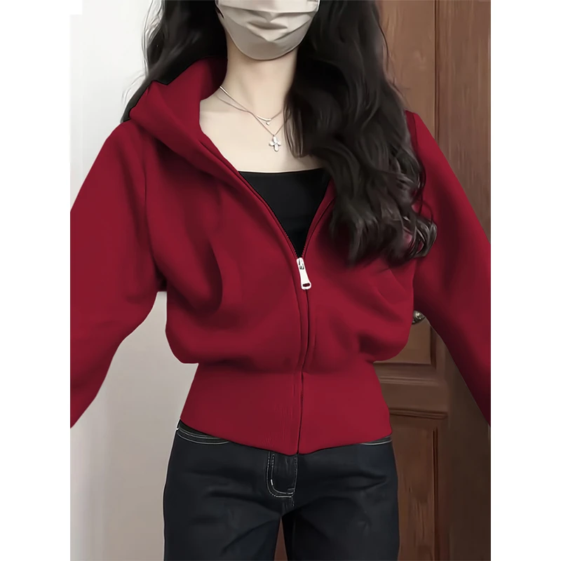 酒红色短款连帽卫衣女春秋季外套2025新款高级感高腰显瘦长袖上衣