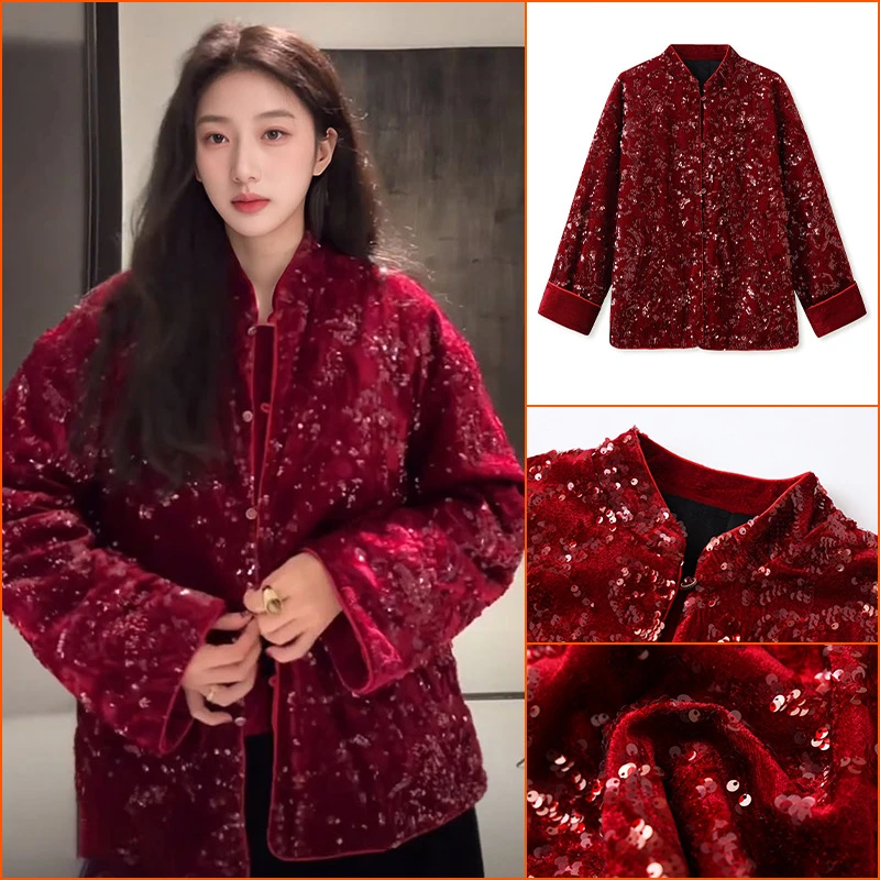 国风冬季2025新款重工亮片刺绣红色女新中式高级感棉服 MY105