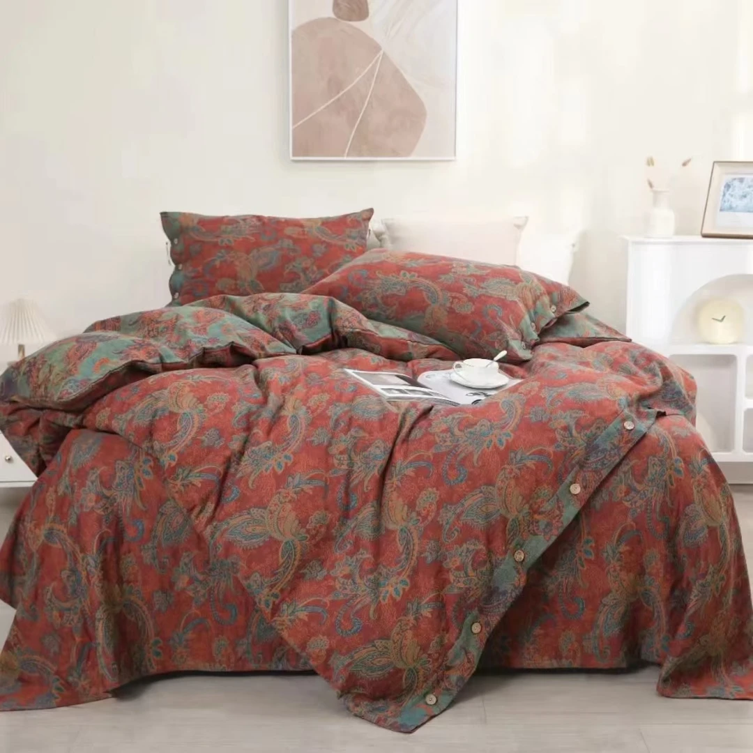 （凤尾三件套）双层纱纯棉床单2.45M*2.45M枕套48cm*74cm