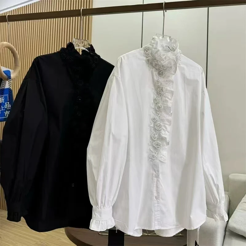 时尚气质设计感小众玫瑰花苞暗扣百搭衬衫秋季纯色宽松花边衬衣
