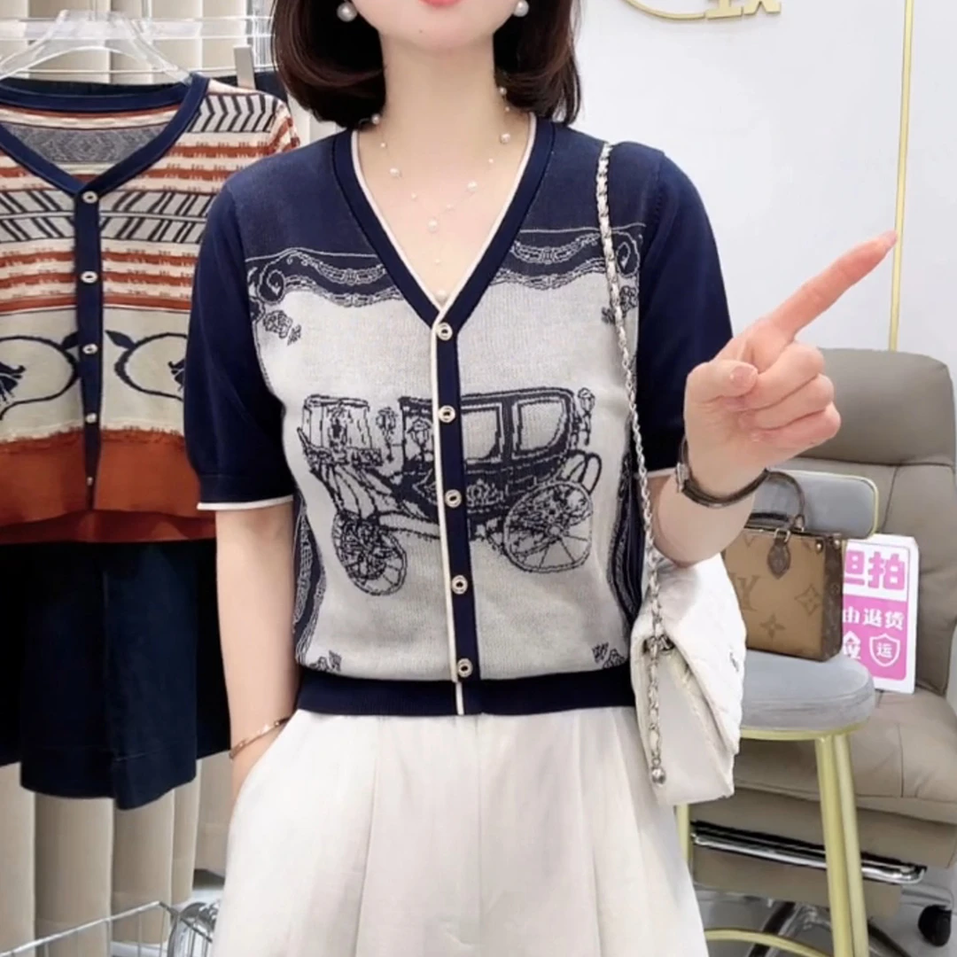 2025新款女短袖上衣夏季莱赛尔天丝时尚洋气针织衫休闲提花V领T恤